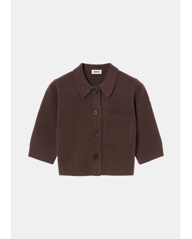 ZENGGI | FINE WOOL POLO CARDIGAN DARK BROWN