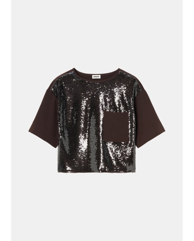 ZENGGI | JAPANESE CRÊPE SEQUIN TOP DARK BROWN